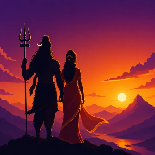 Golden sunset silhouette of Lord Shiva and Goddess Parvati.