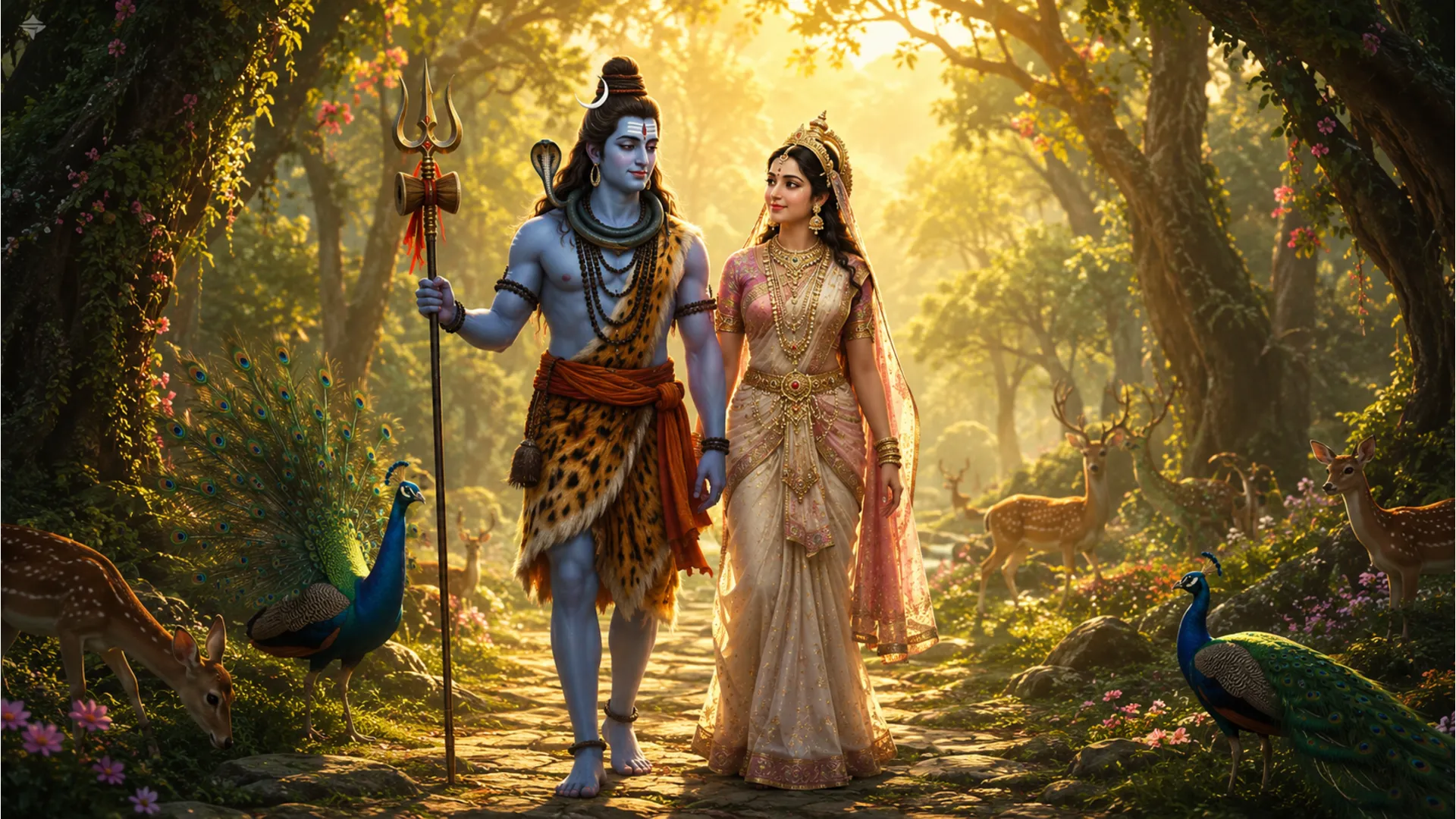 Shiv Parvati walking through a mystical forest with deer and peacock companions