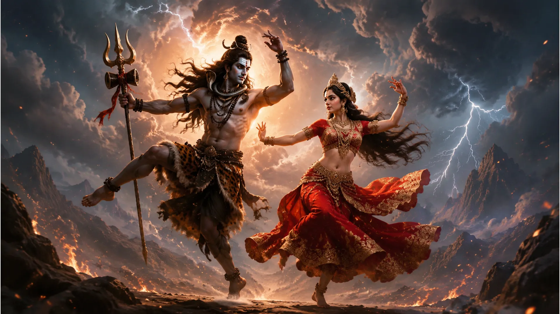 A dynamic portrayal of Mahadev and Parvati performing the powerful and transformative Tandava dance.