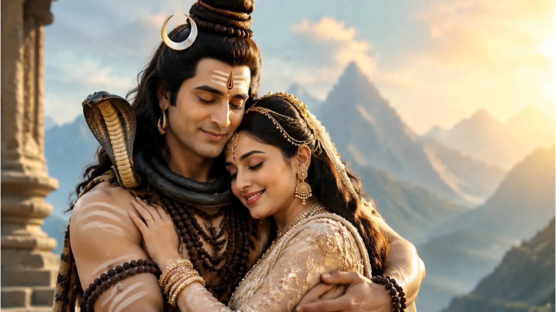 A gentle embrace between Mahadev and Parvati, symbolizing their eternal love and devotion.