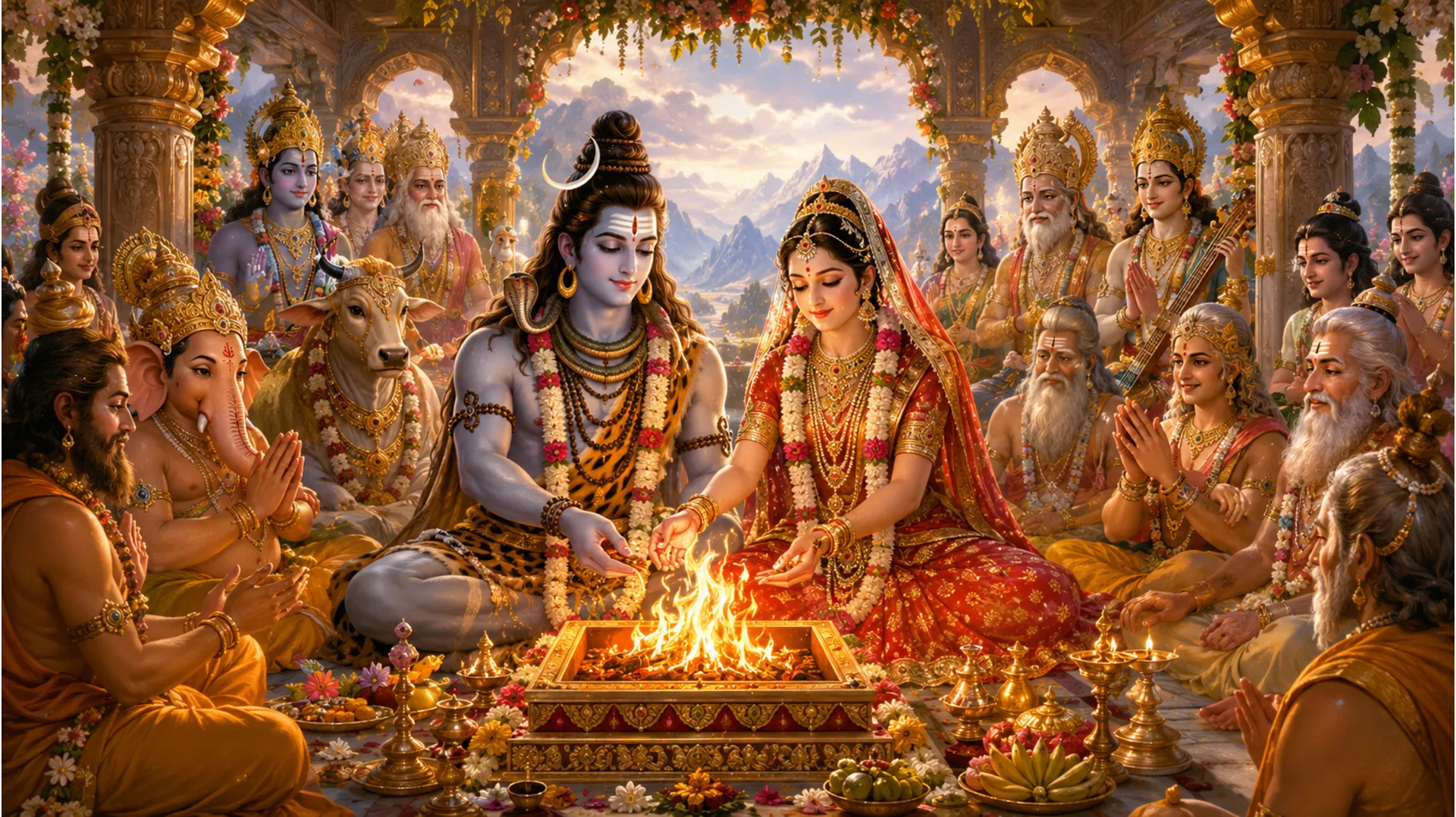 Bhagwan Shiv aur Mata Parvati ke vivah ke samay pavitra agni, jo unke milan ki pawan khushi ko dikha raha hai.