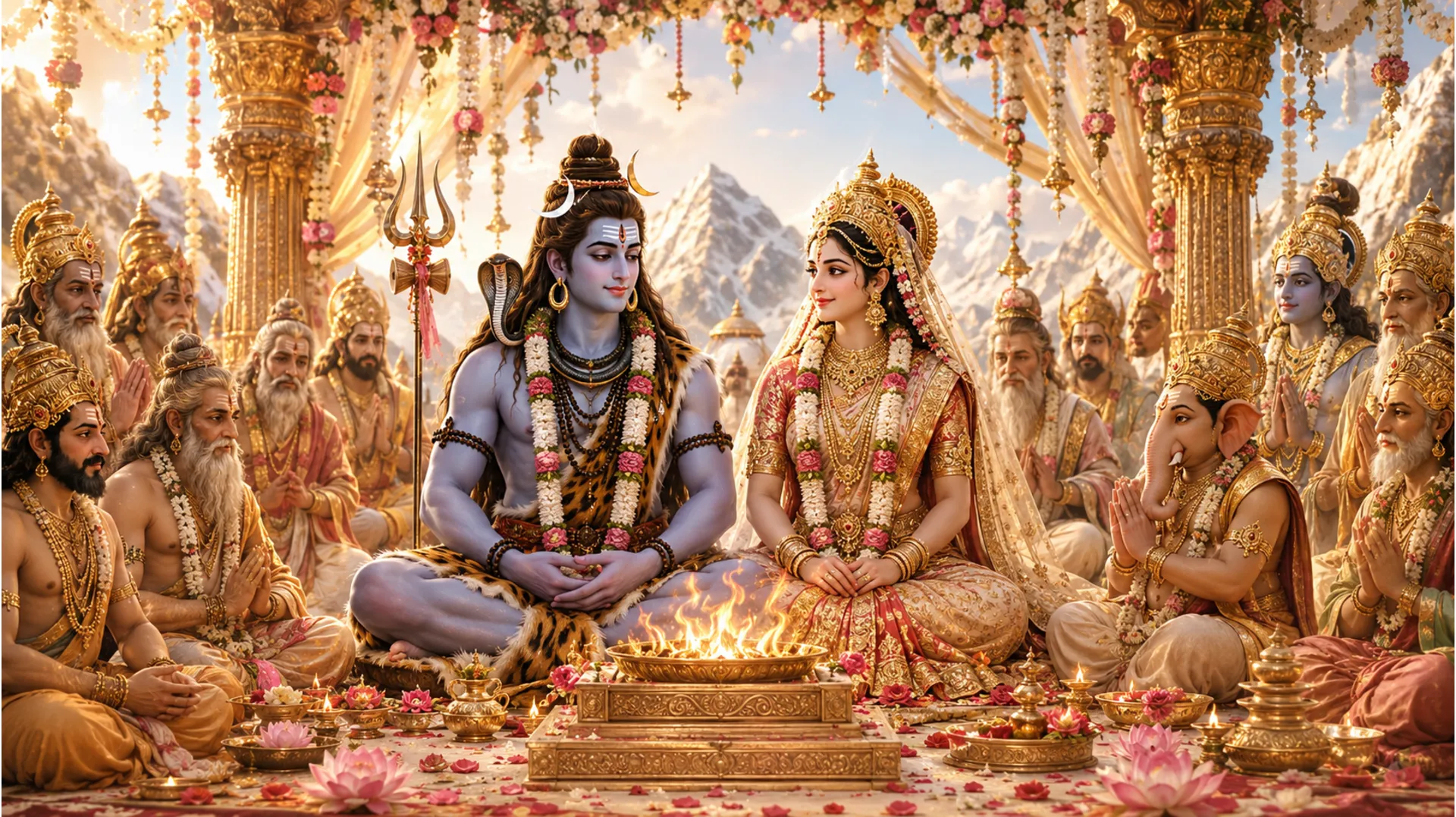 Bhagwan Shiv aur Mata Parvati ke vivah ki shubh shuruat, jo unke milan ki pawan khushi ko dikha raha hai.