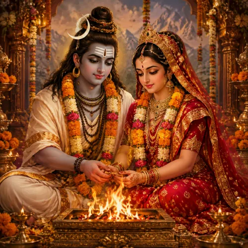 Divine marriage scene of Lord Shiva and Goddess Parvati in traditional style.