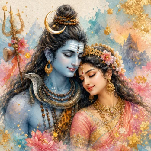 Soft watercolor painting of Shiv Parvati in vivid pastel colors.