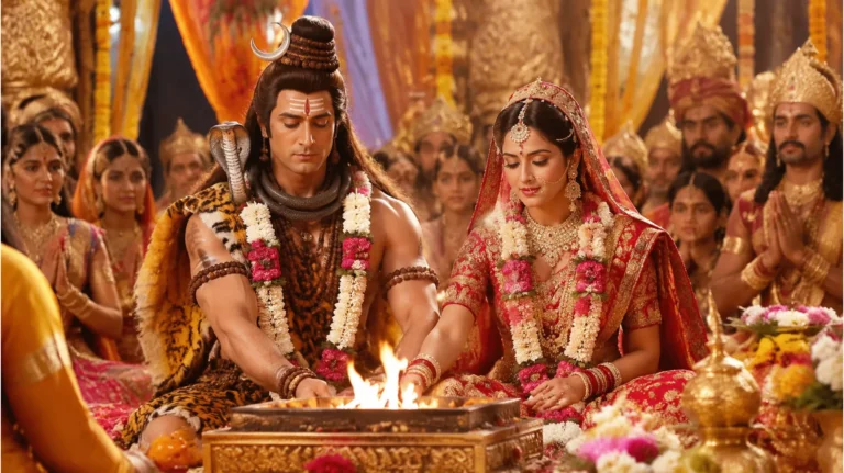 Lavish wedding ceremony of Mahadev and Parvati from the TV serial with traditional rituals.