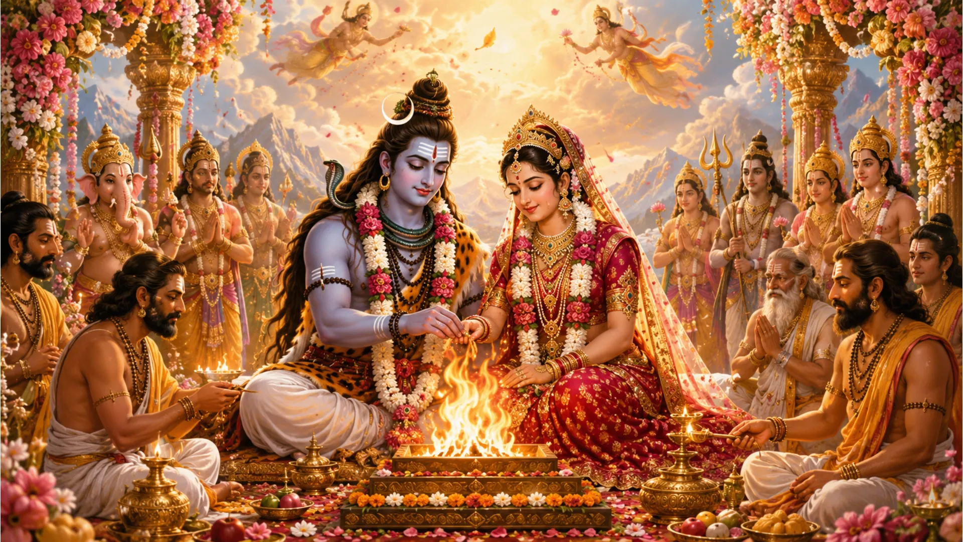 Detailed depiction of Shiv Parvati performing the 'Saptapadi' (seven steps) wedding ritual