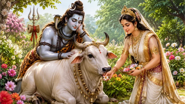 Shiva and Parvati leaning on Nandi bull in a beautiful flowering garden