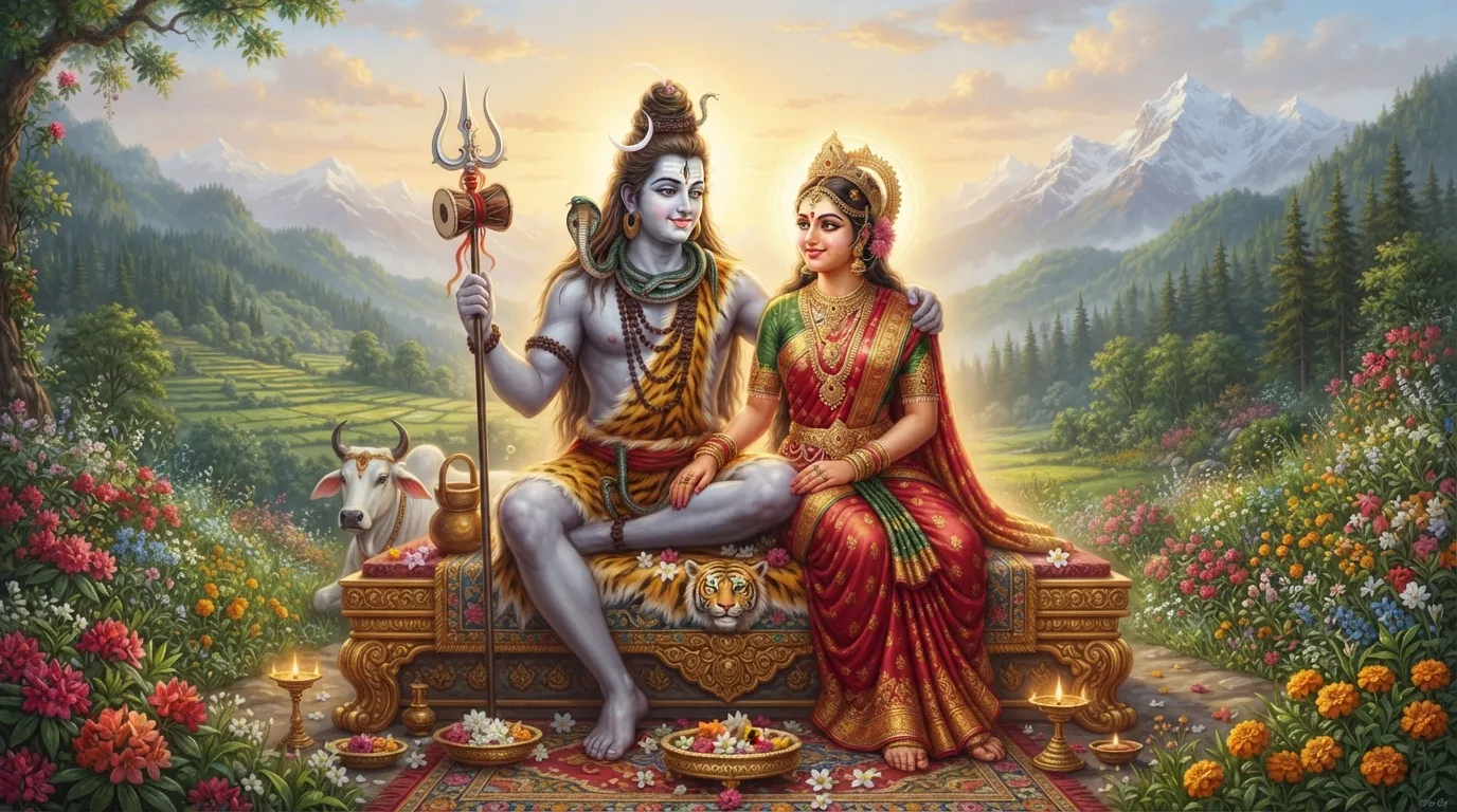 Beautiful portrait of Bholenath ji and Maa Parvati sitting together in harmony.