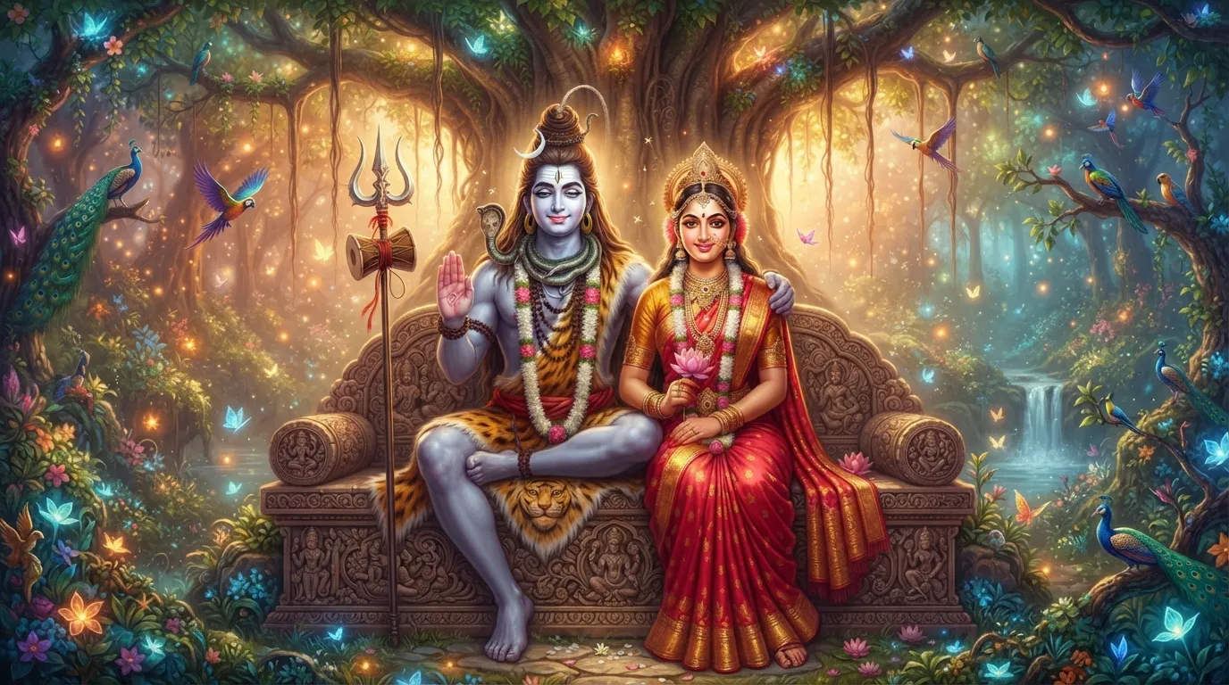 Lord Shiva and Goddess Parvati sitting together offering blessings in a divine forest, 1080p Mahadev HD wallpaper 4k.