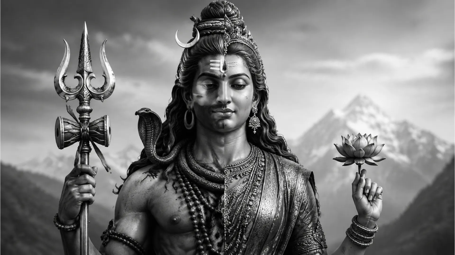A captivating black and white image of Shiva and Parvati as Ardhanarishvara.