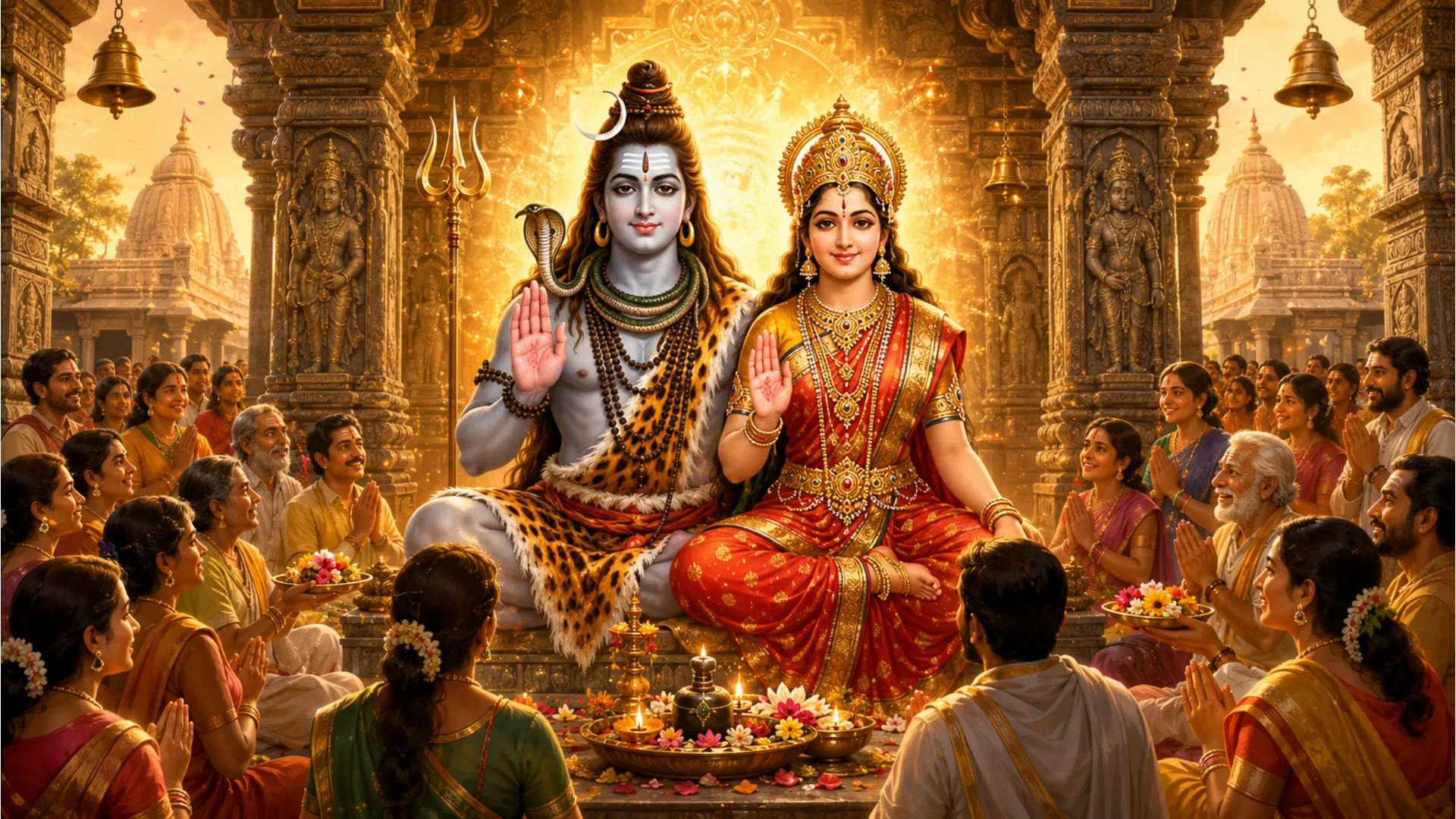 Shiv Parvati blessings, divine couple with hands raised, spiritual image