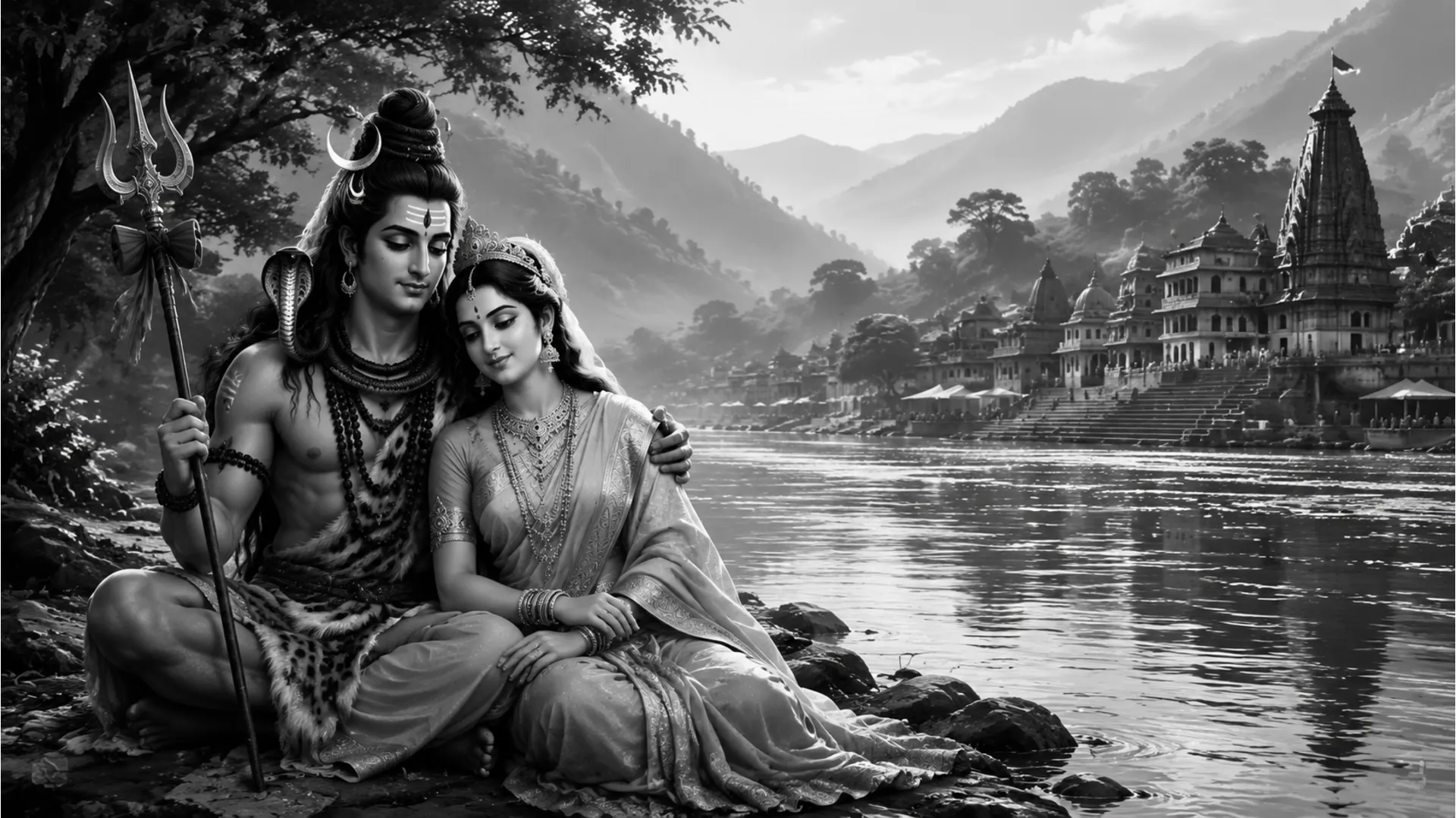 A serene black and white image of Shiva and Parvati by the river Ganges.
