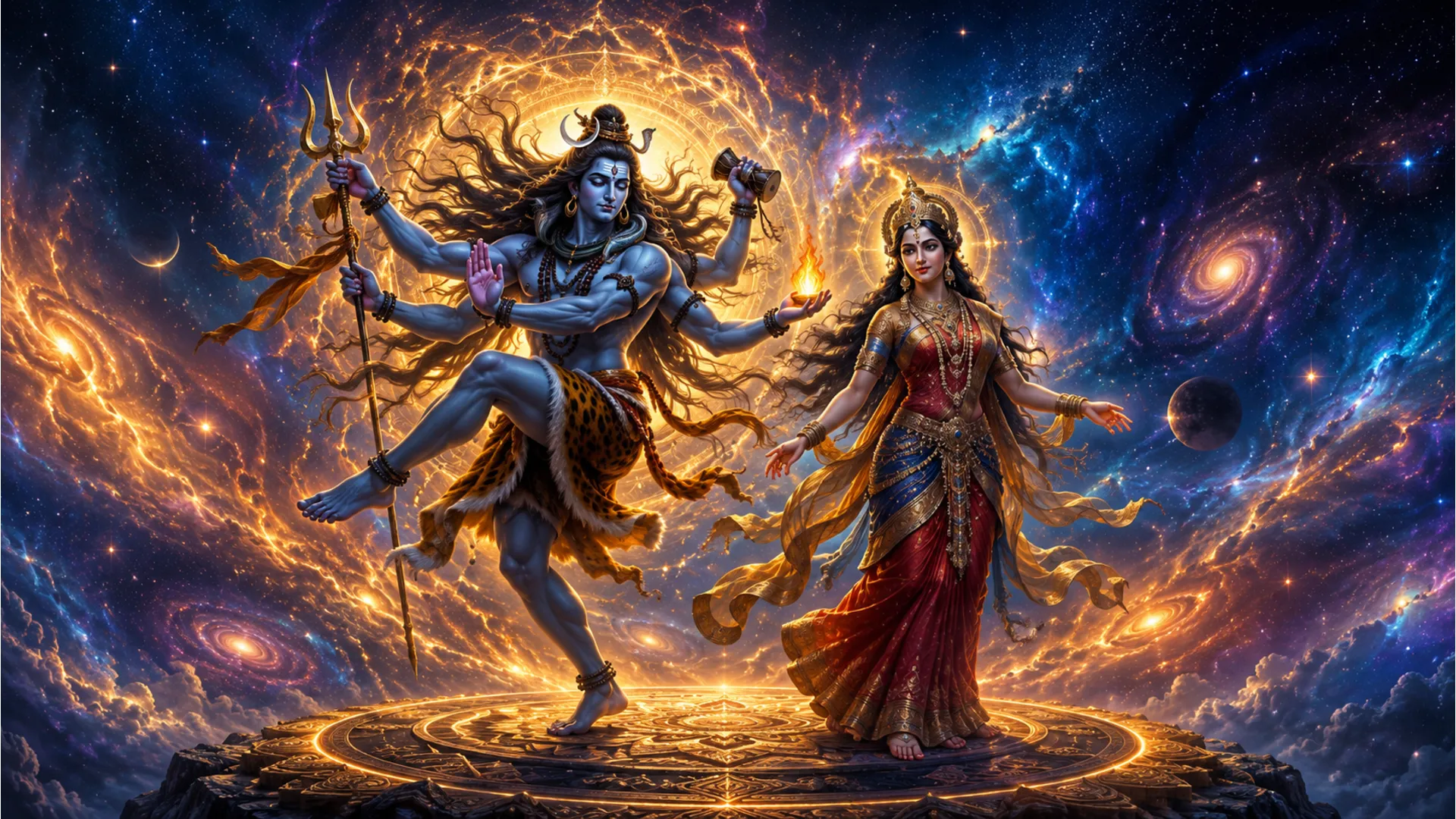 A high-definition digital artwork of Lord Shiva and Goddess Parvati performing a powerful cosmic dance, representing the balance of creation and destruction.