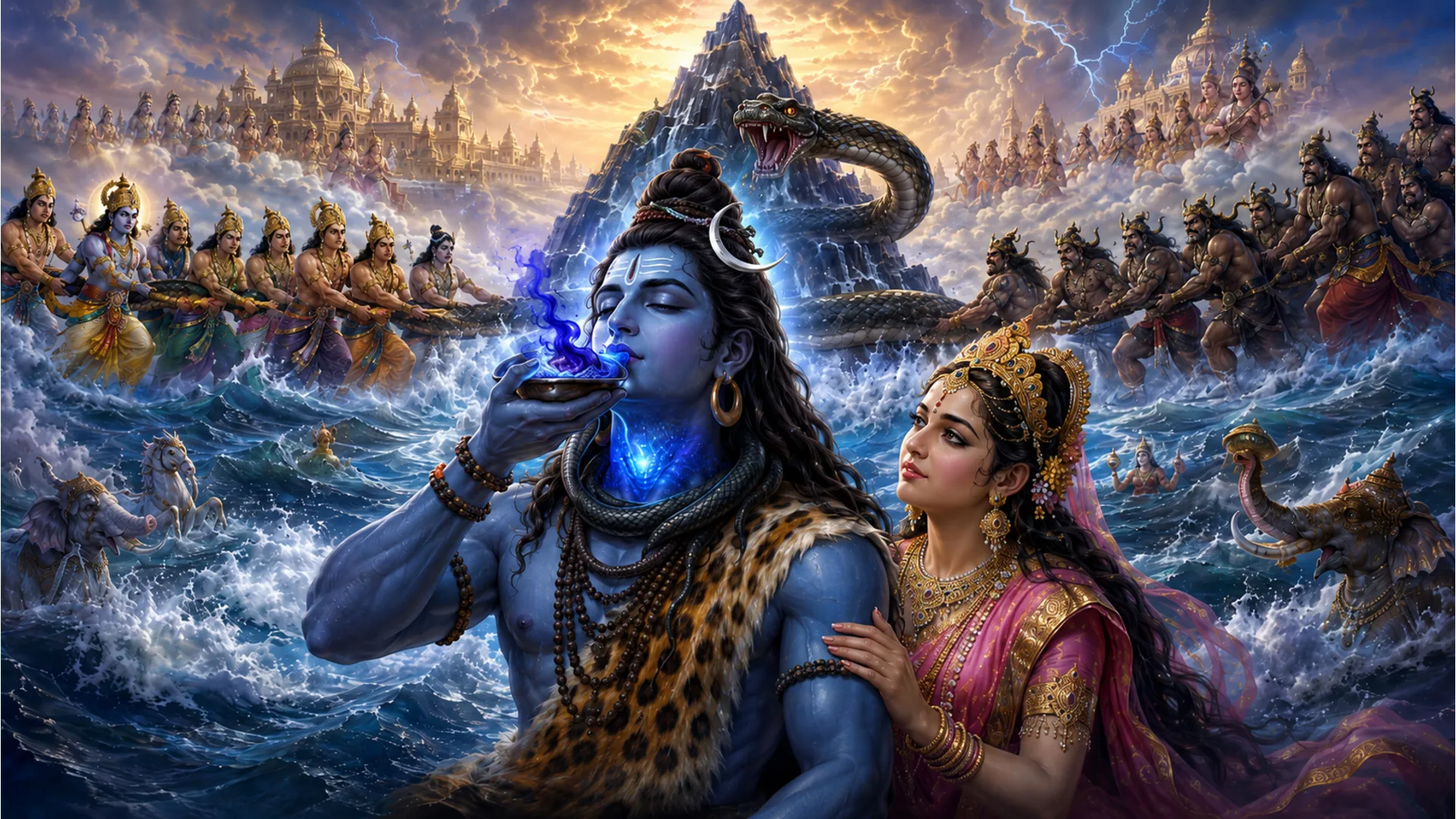 Shiv Parvati Samudra Manthan, churning the ocean, mythological image