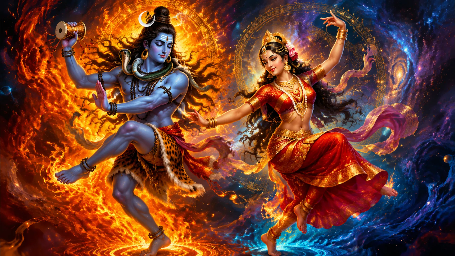 Lord Shiva and Goddess Parvati performing a classical Indian dance pose together.