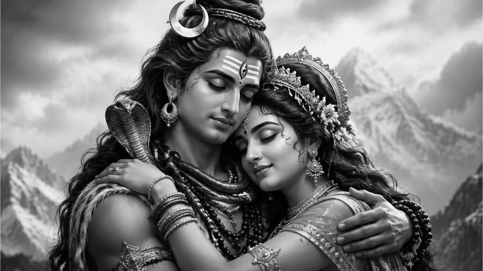 A close-up black and white image of Shiva and Parvati sharing a tender embrace.