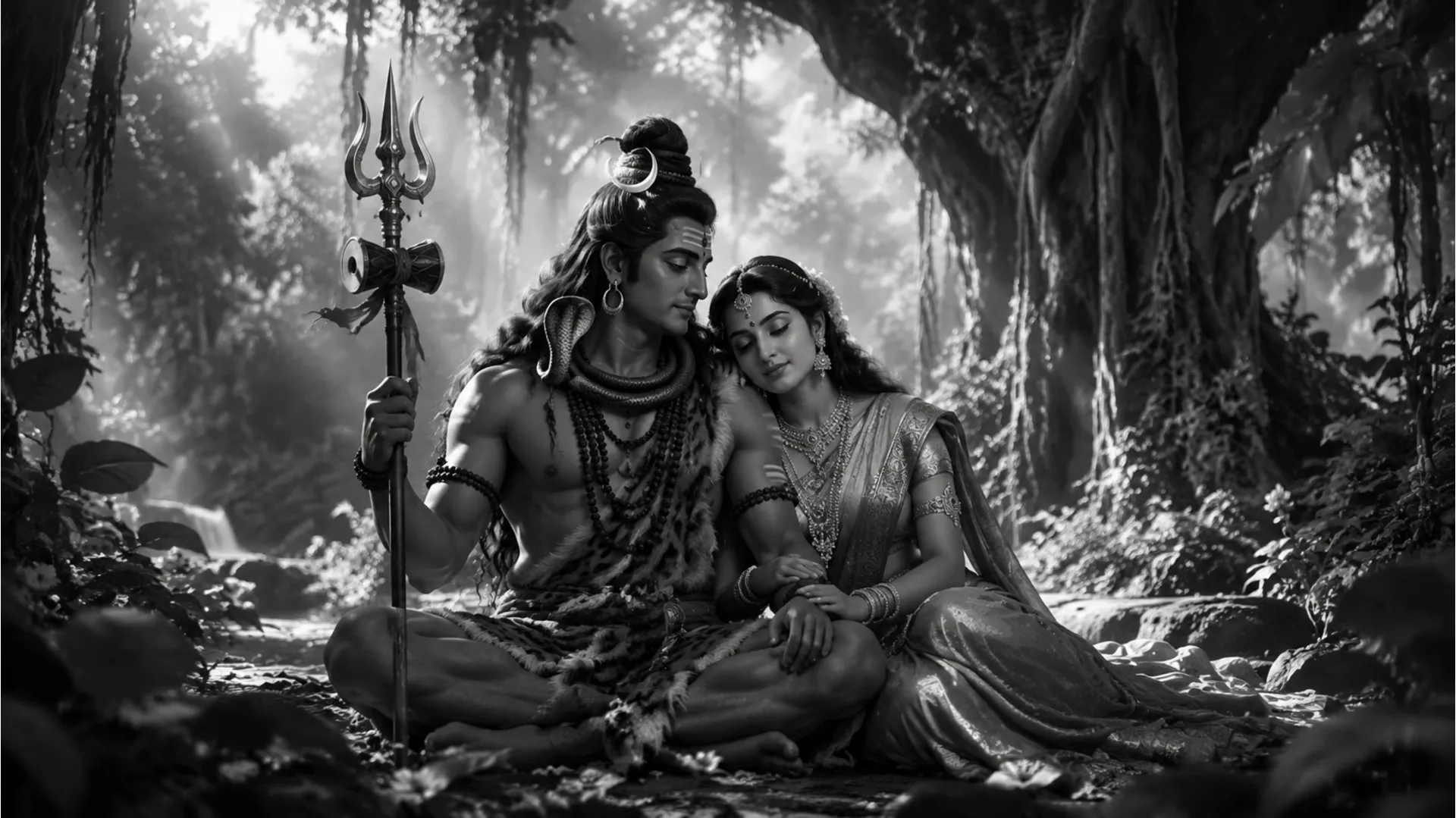 A mystical black and white image of Shiva and Parvati in a sacred grove.