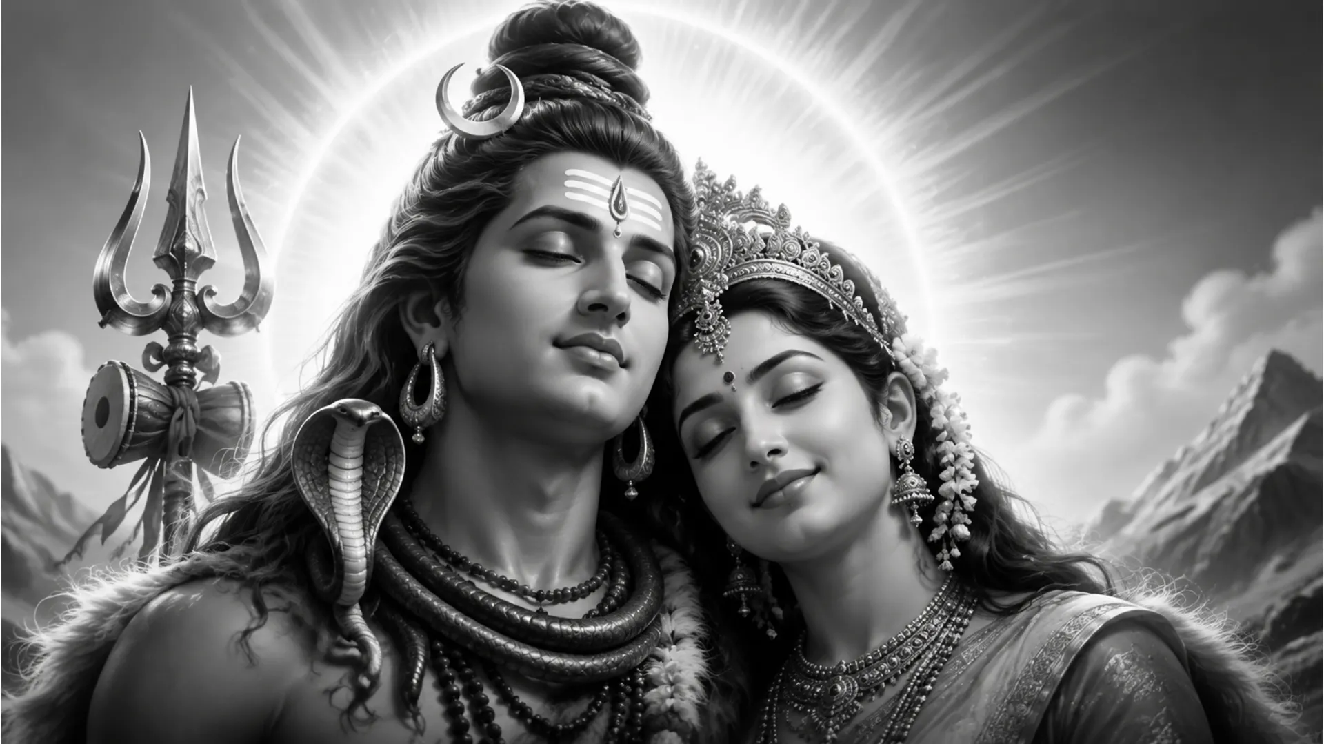 A radiant black and white image of Shiva and Parvati in a state of divine bliss.