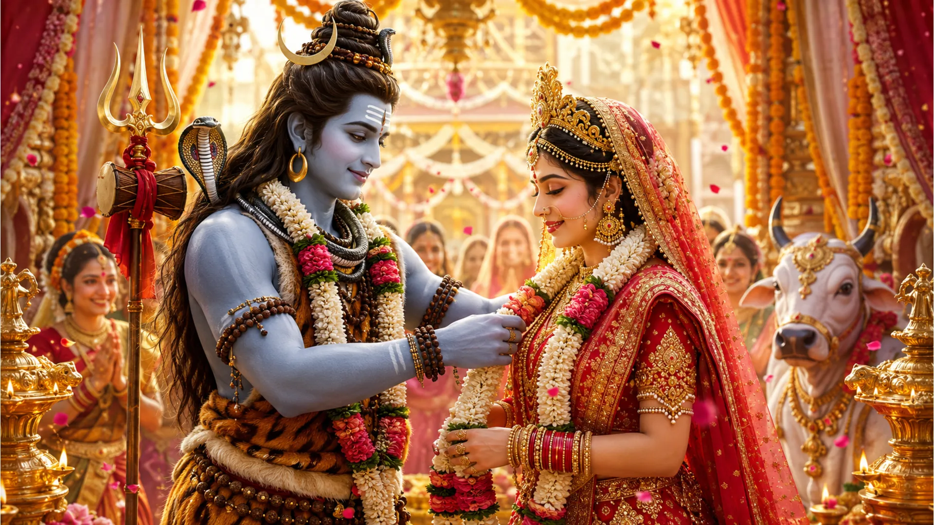 Shiv Parvati wedding image, divine couple in traditional dress, vibrant image