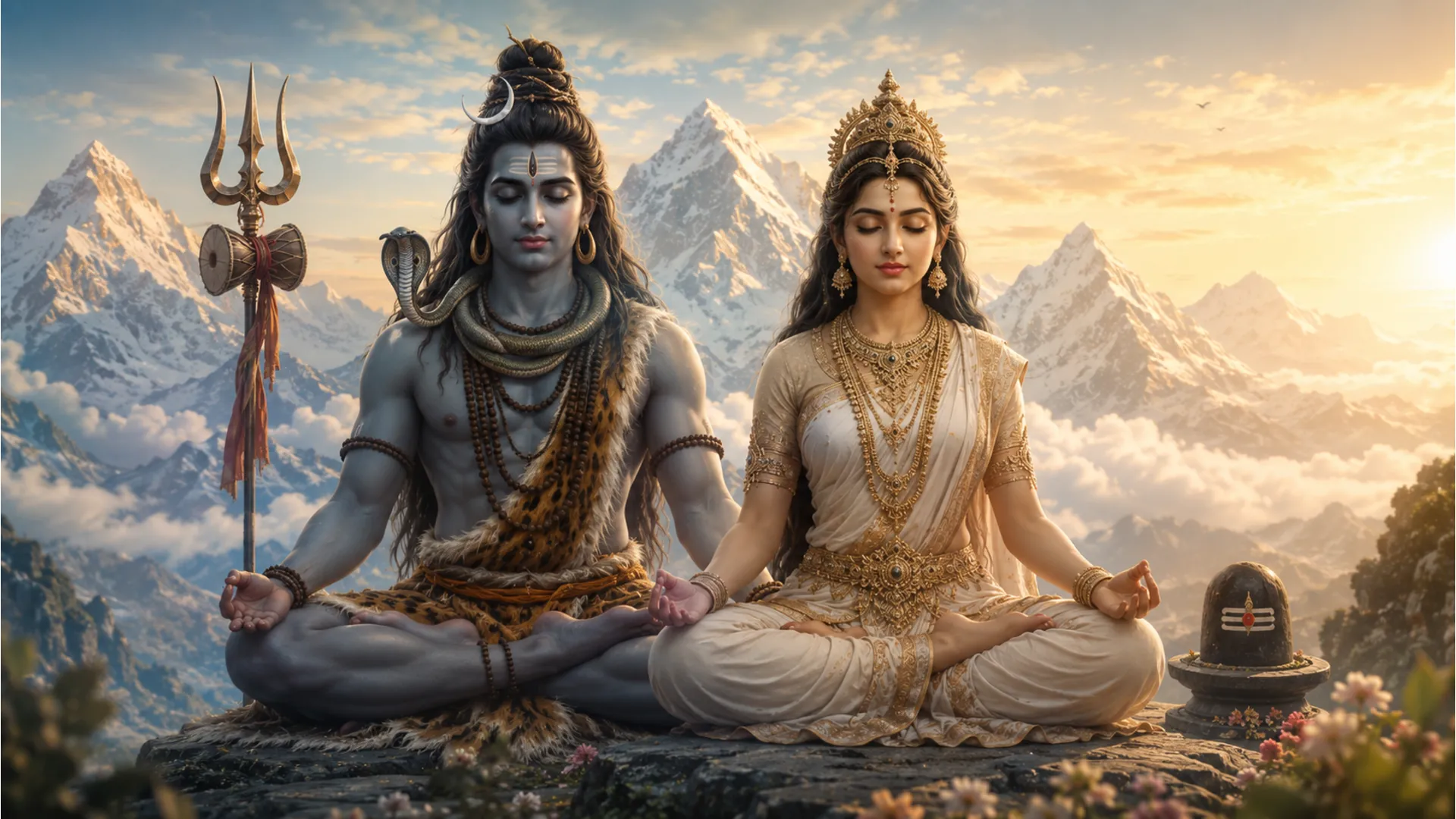 Shiva and Parvati seated in a cross-legged yogic posture, symbolizing their union with the divine.