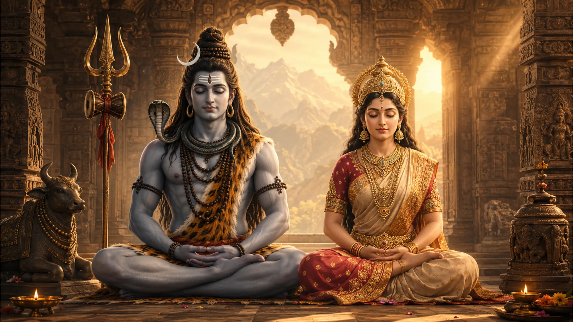 Shiva and Parvati sitting in meditation inside an ancient temple with golden light.