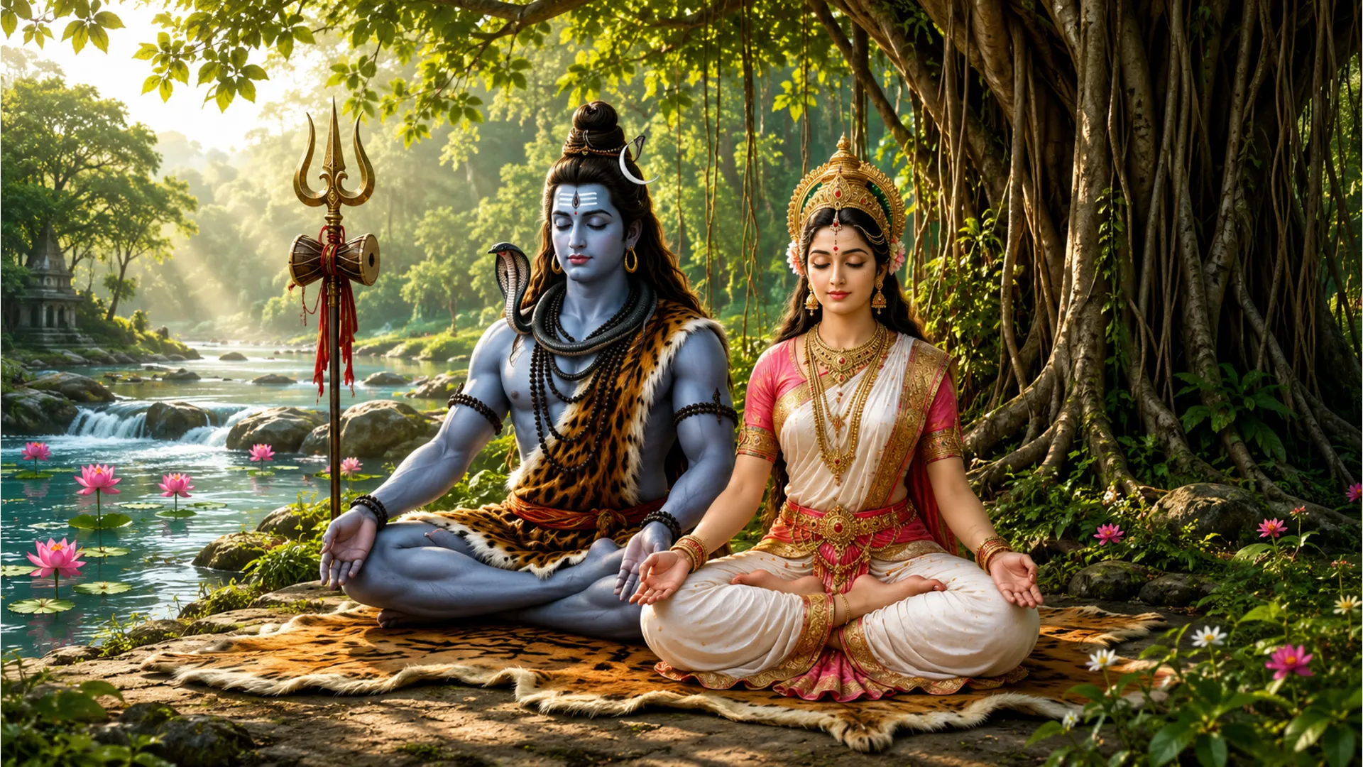 Shiva and Parvati in meditative posture next to a flowing river inside a lush green sacred forest.