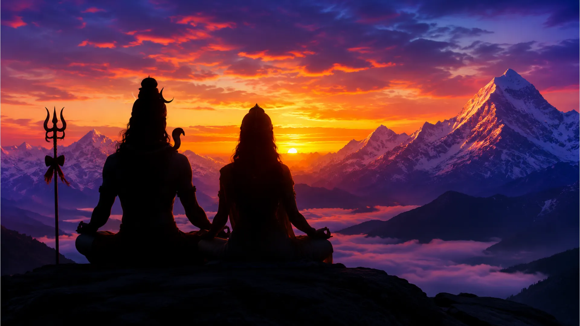 A silhouette painting of Shiv Ji and Parvati Ji meditating as the sun sets over the mountains.