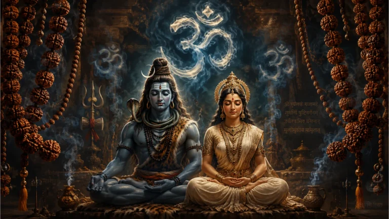 Close up spiritual art of Shiva and Parvati meditating surrounded by holy rudraksha beads and smoky incense vectors.