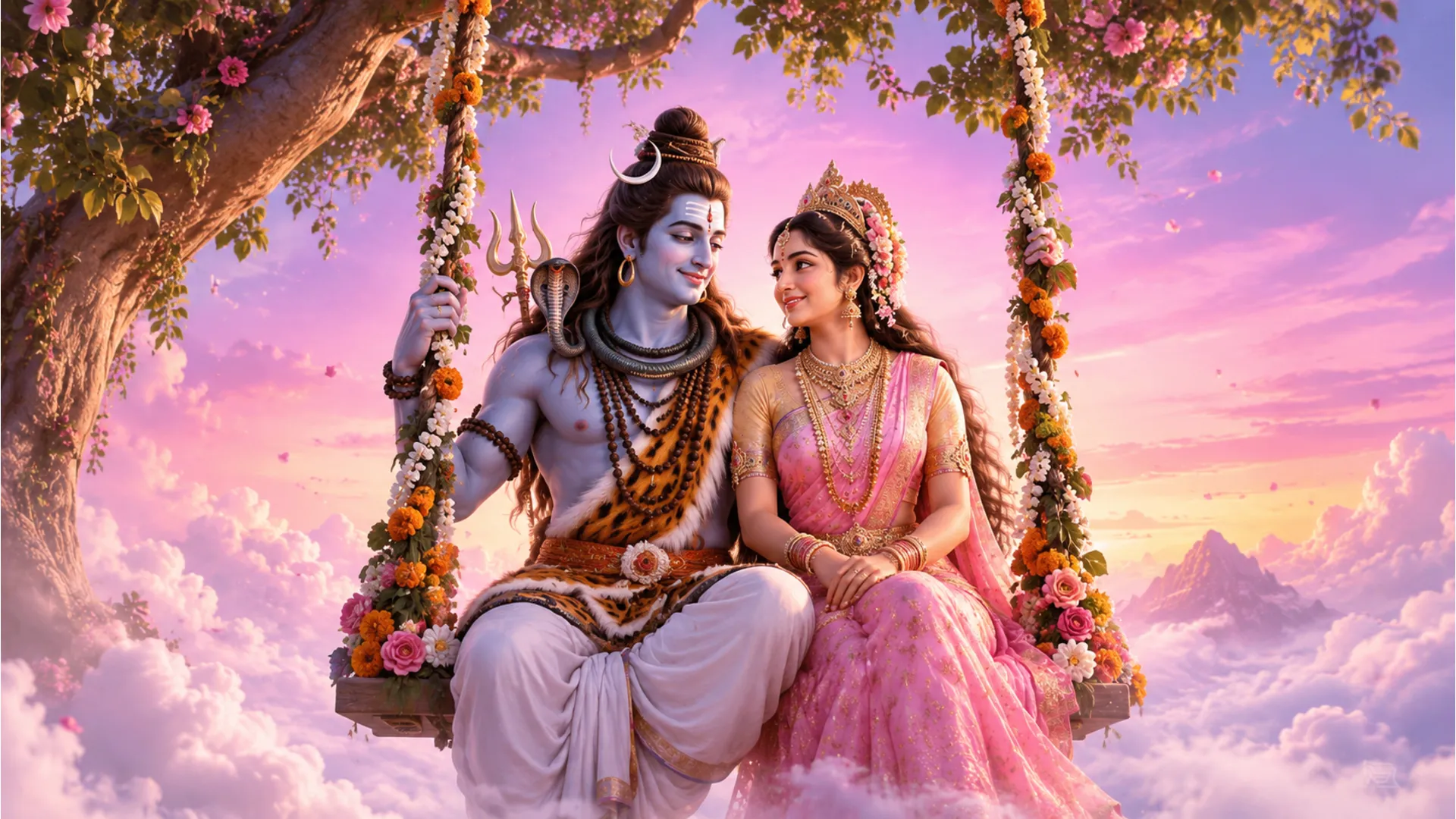 Lord Shiva and Goddess Parvati enjoying a flower-decorated swing in heaven.