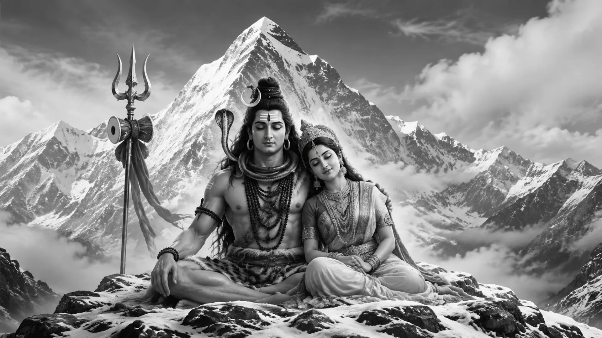 A majestic black and white image of Shiva and Parvati on Mount Kailash.