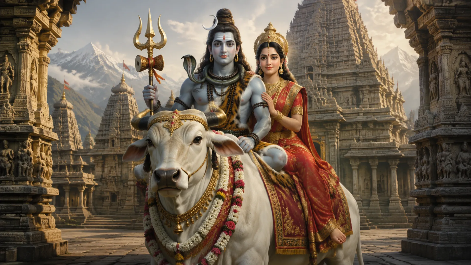 Lord Shiva and Goddess Parvati riding on their Vahana, the white bull Nandi.