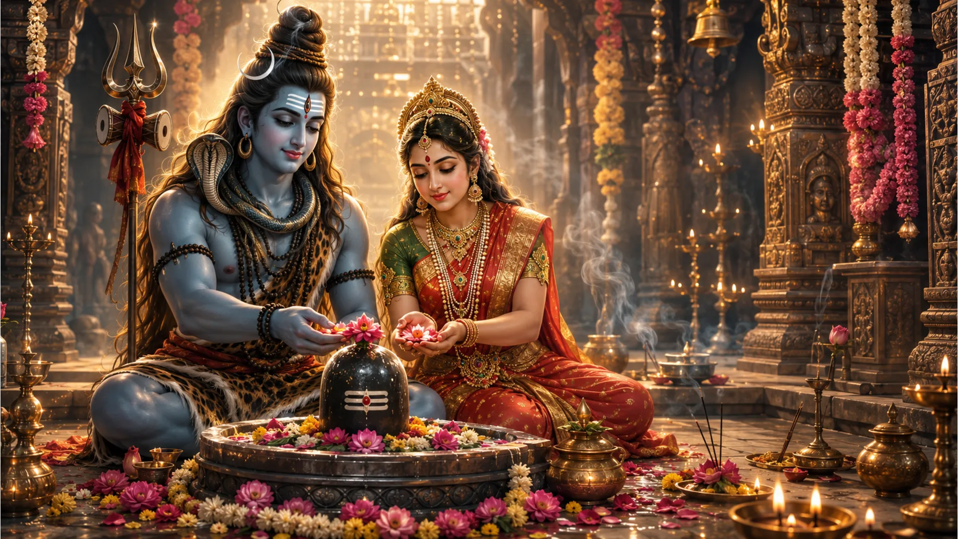 A devotional illustration of Shiv and Parvati engaged in a sacred ritual, symbolizing their shared spiritual journey.