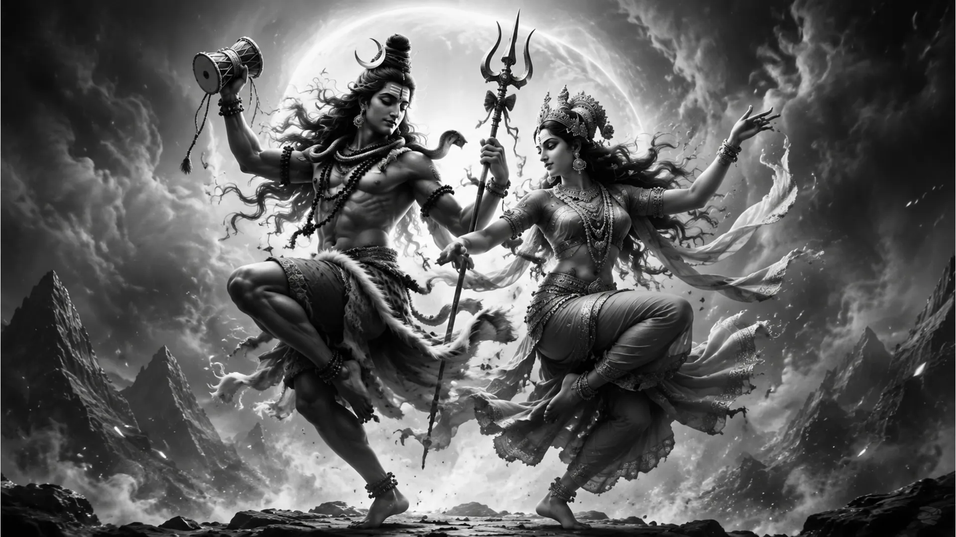 A dynamic black and white image of Shiva and Parvati performing the Tandava dance.