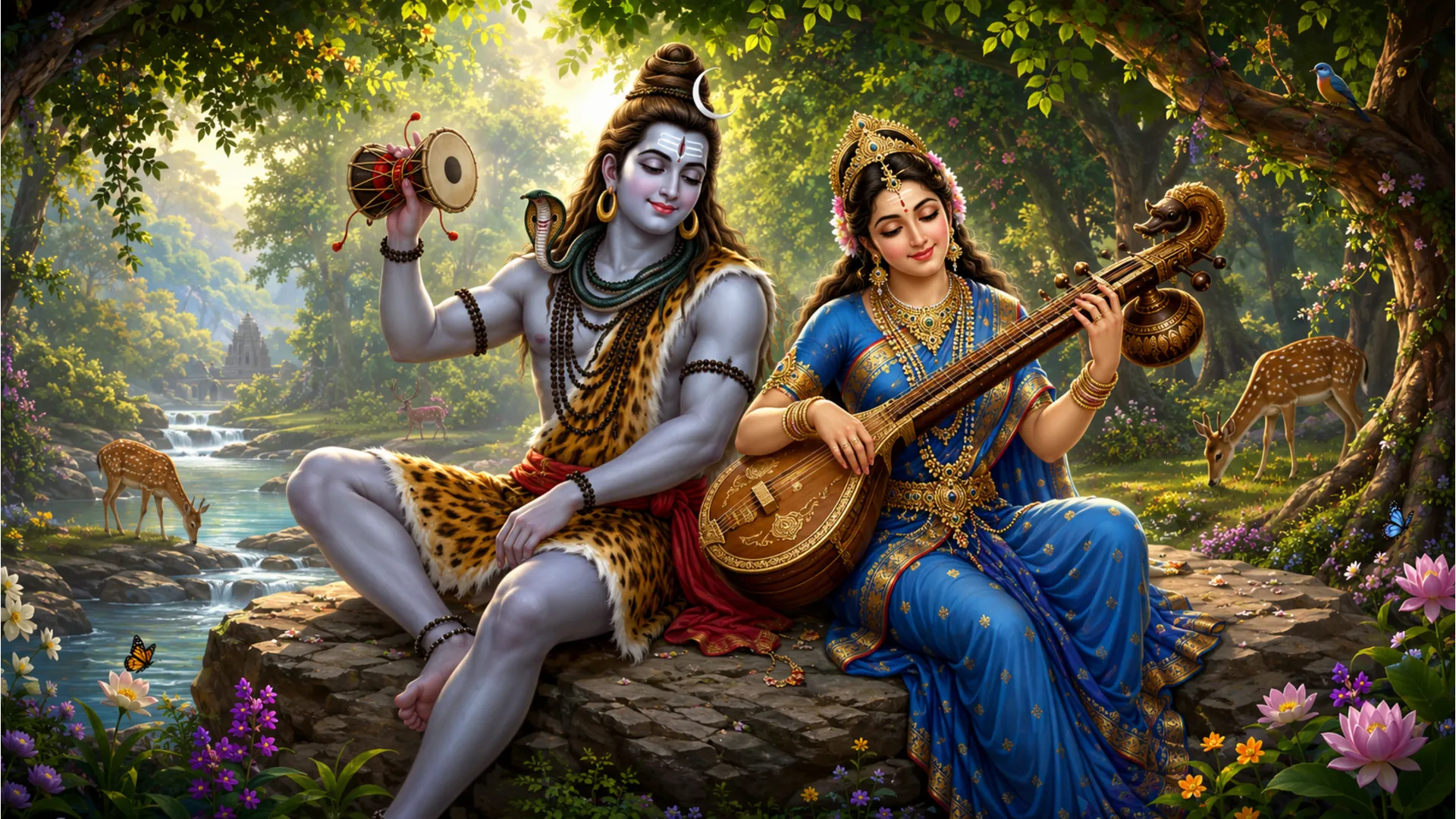 An enchanting painting of Lord Shiva and Goddess Parvati playing musical instruments together in a forest clearing.