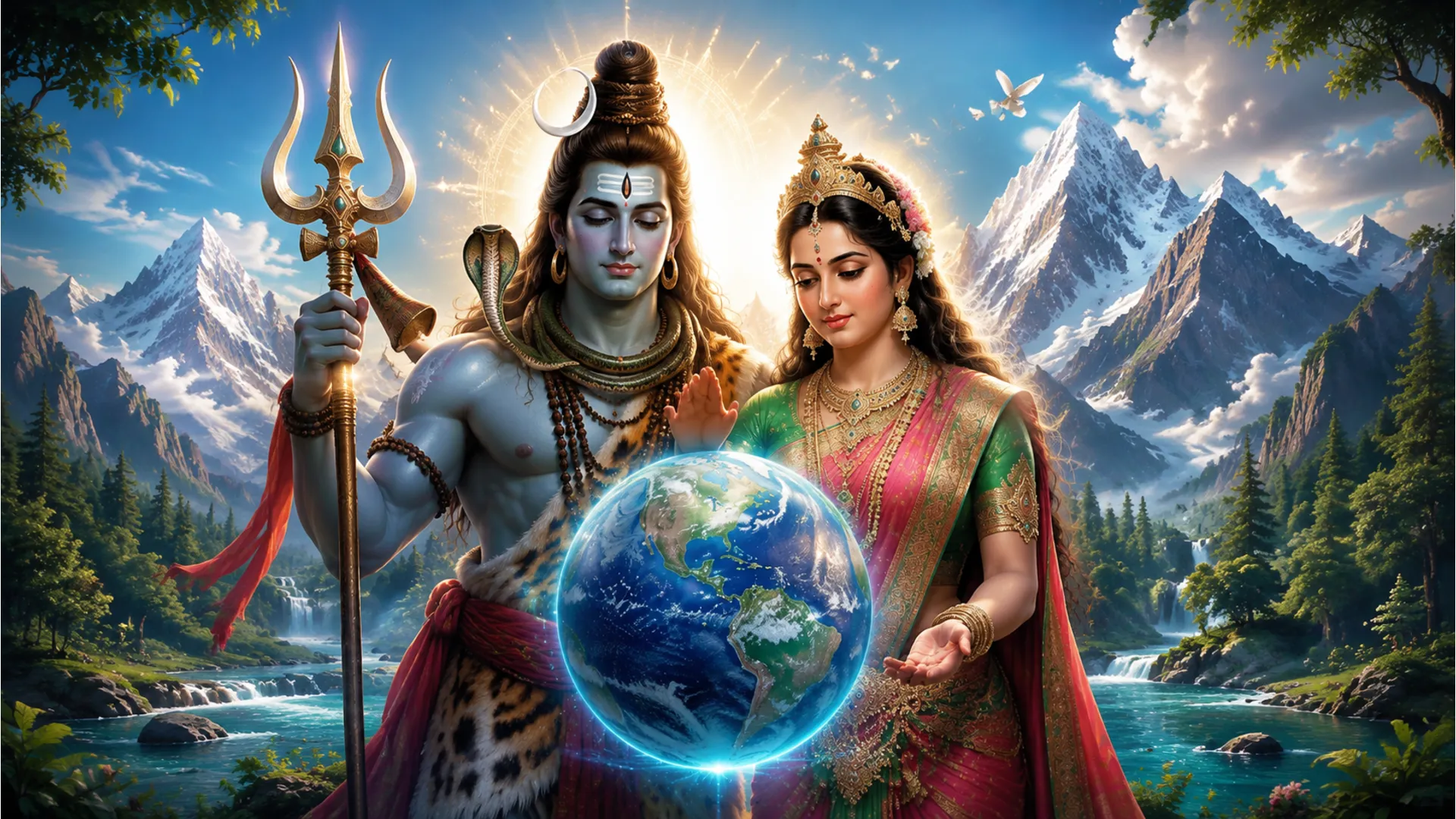 Shiva and Parvati in a protective stance over a small globe representing the Earth.