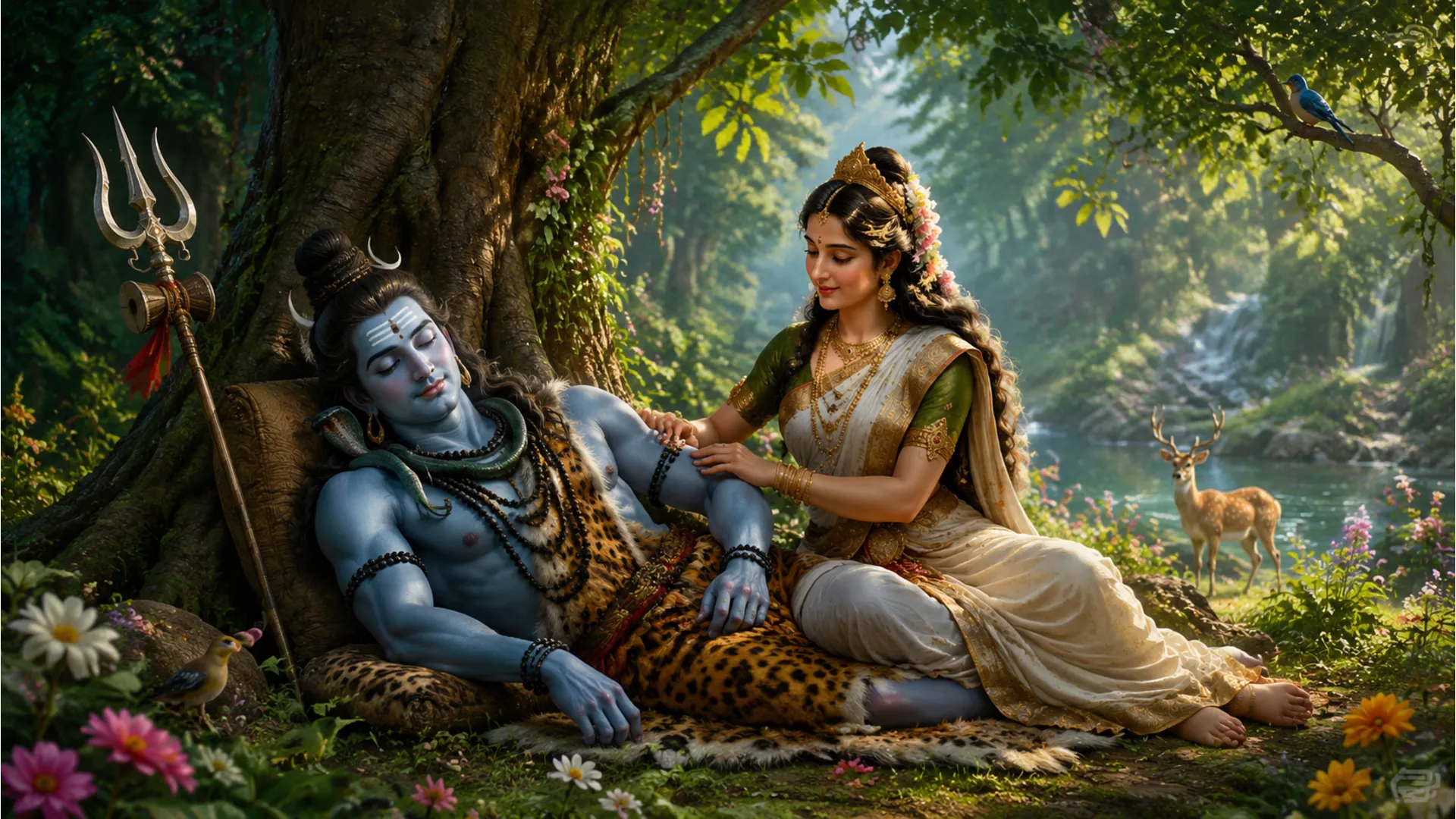 Shiva and Parvati in a relaxed sitting position under a wish-fulfilling tree.