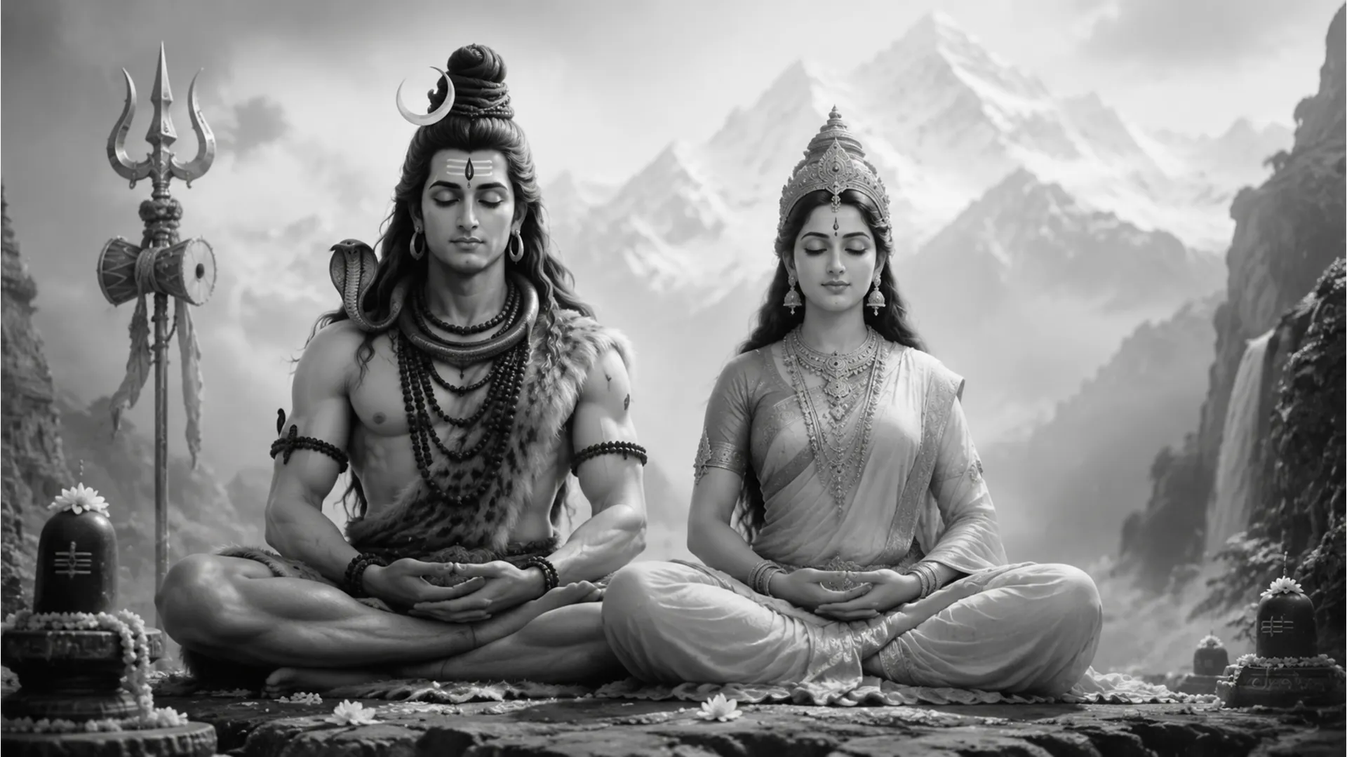 A serene black and white image of Shiva and Parvati seated in a meditative posture.