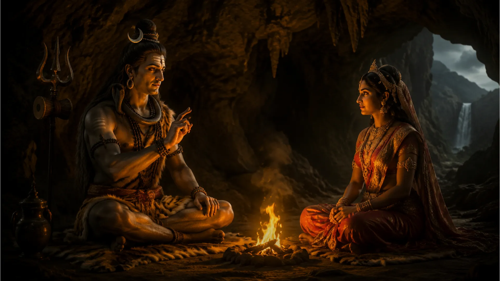 Lord Shiva sitting and teaching philosophy to Goddess Parvati in a cave set of the serial.