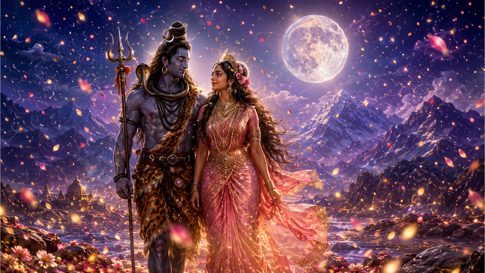 Lord Shiva and Parvati walking under a full moon with magical glowing petals floating around them