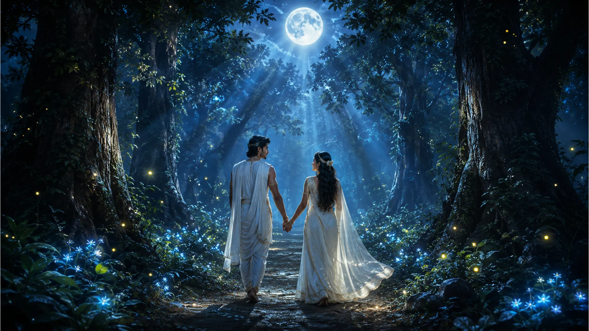 Shiva and Parvati walking through a mystical ancient forest lit by the glowing beams of a full moon