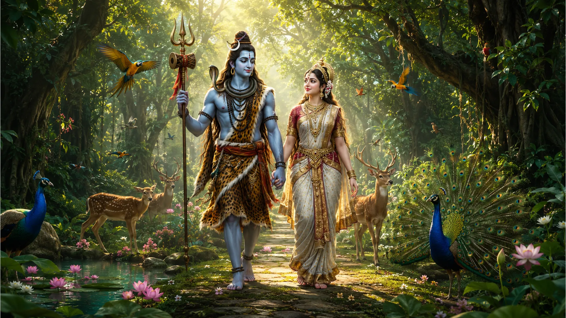 Shiva and Parvati walking together in a lush green spiritual forest with wildlife.
