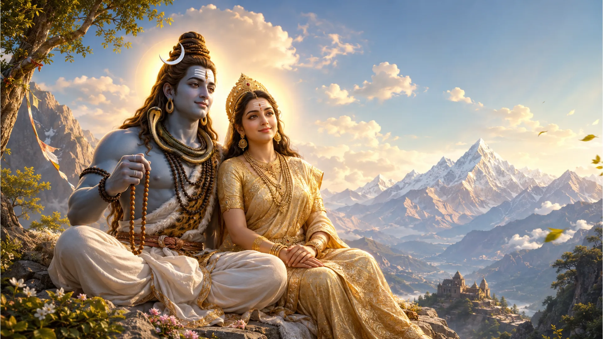 A beautiful illustration of Lord Shiva and Goddess Parvati with a warm, glowing aura around them, sitting on a mountaintop.