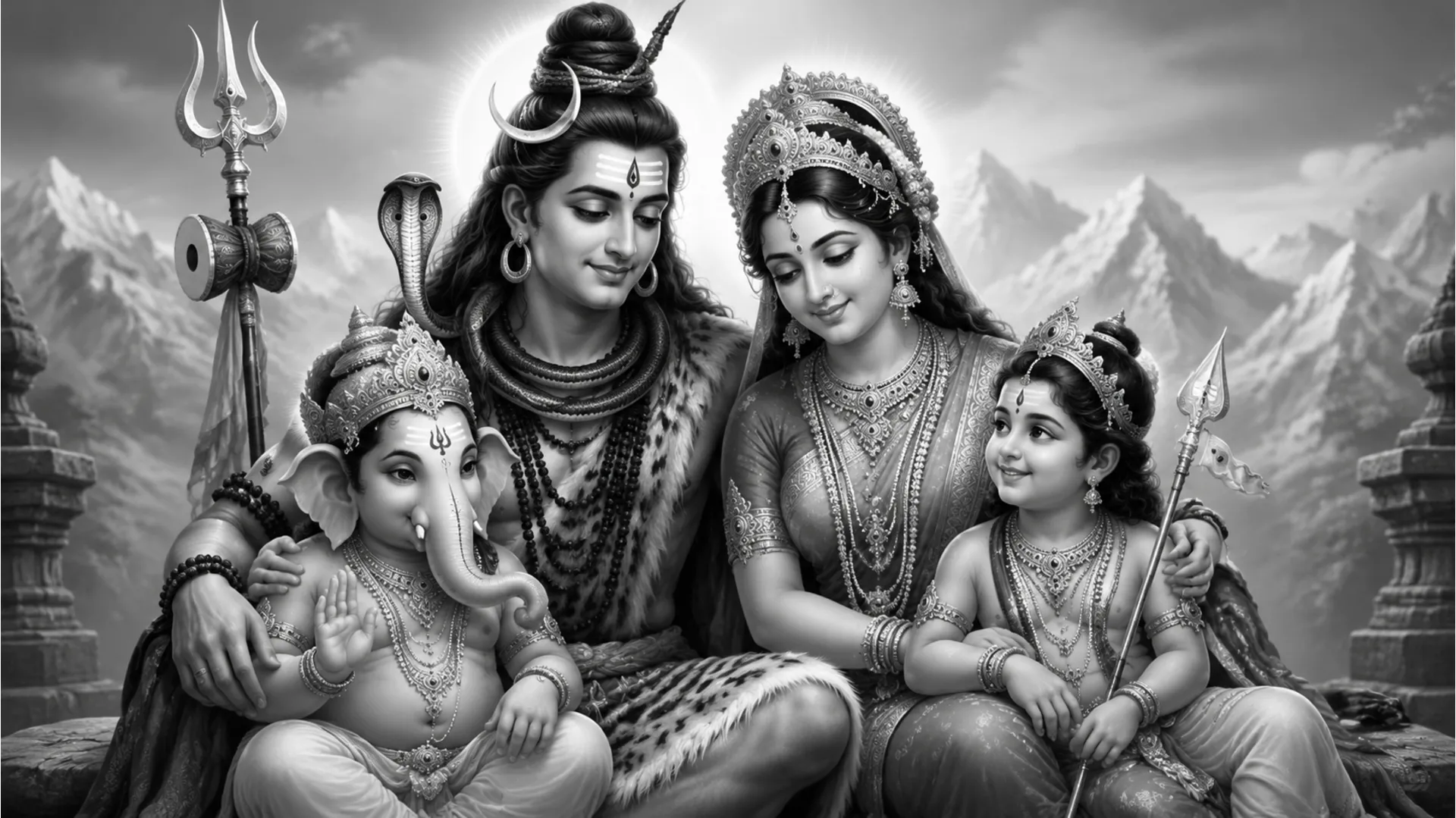 A heartwarming black and white family portrait of Shiva, Parvati, Ganesha, and Kartikeya.