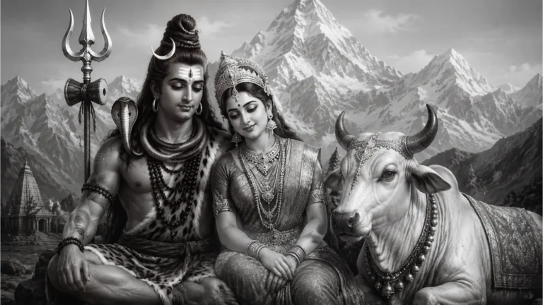 A peaceful black and white image of Shiva and Parvati with Nandi the bull.