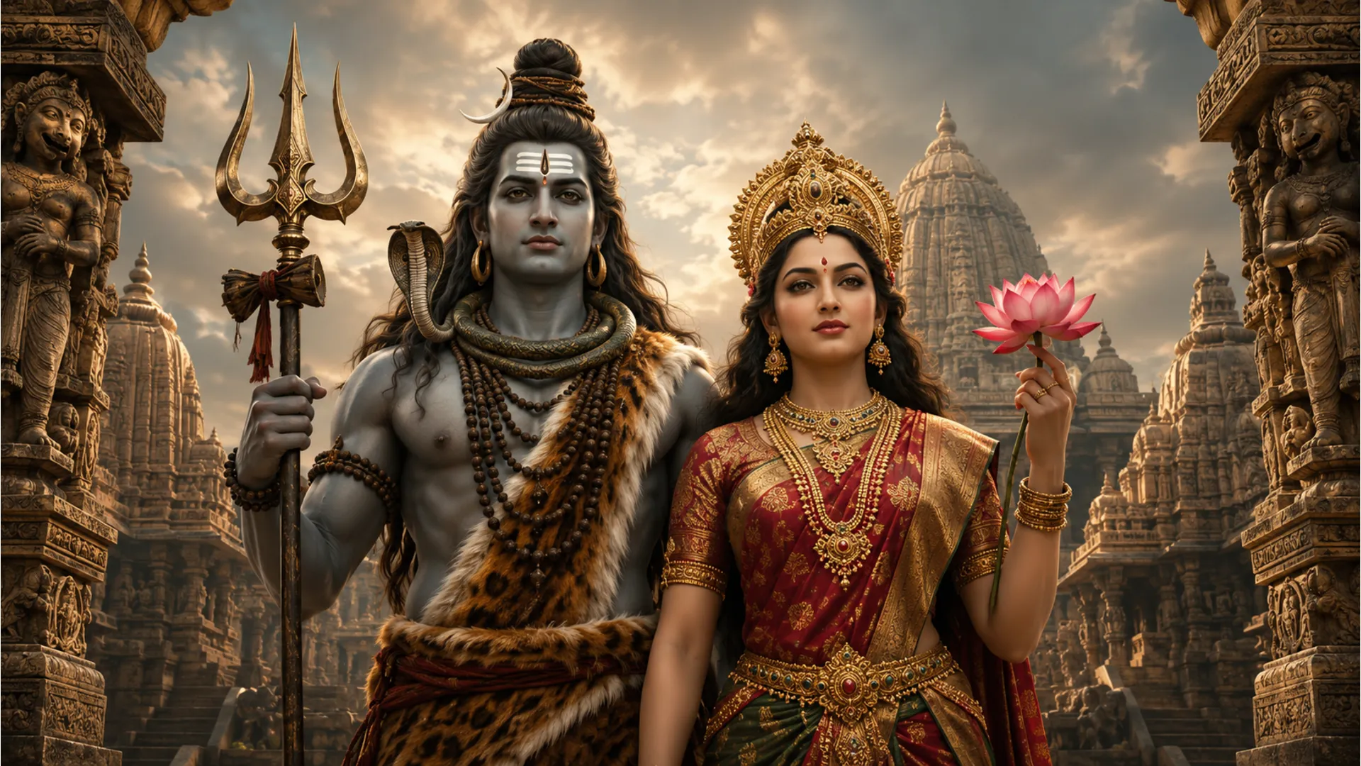 Shiv Parvati holding symbols, Trishul and lotus, divine couple's power