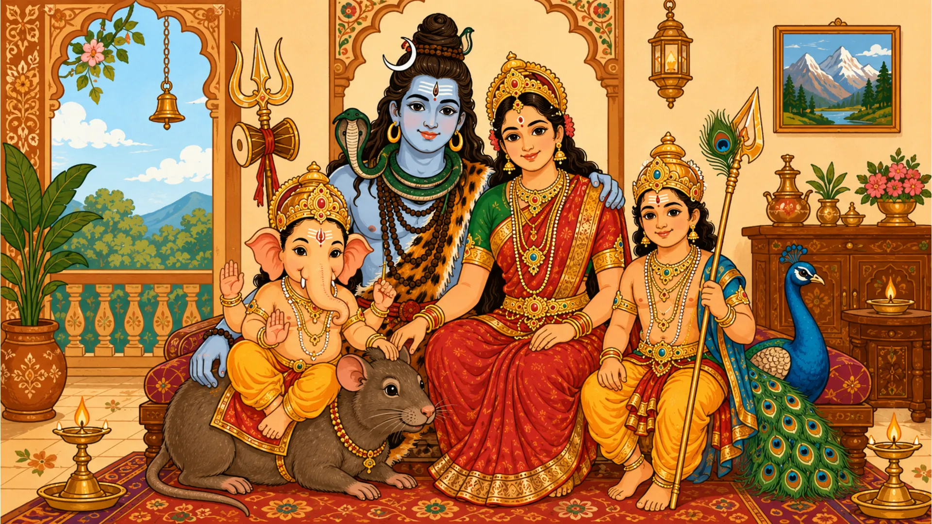 Shiv Parvati family image, Ganesha and Kartikeya, divine family