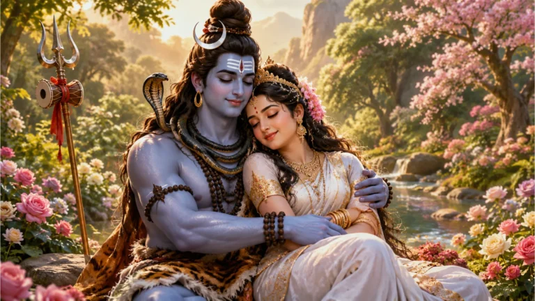 A touching illustration of Shiva and Parvati hugging, symbolizing protection, comfort, and unwavering support.
