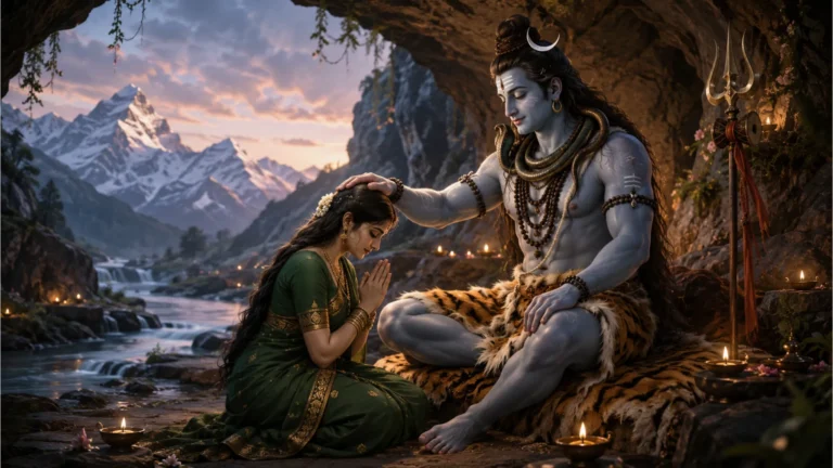 A touching illustration of Lord Shiva placing his hand gently on Goddess Parvati's head as she kneels before him in devotion.