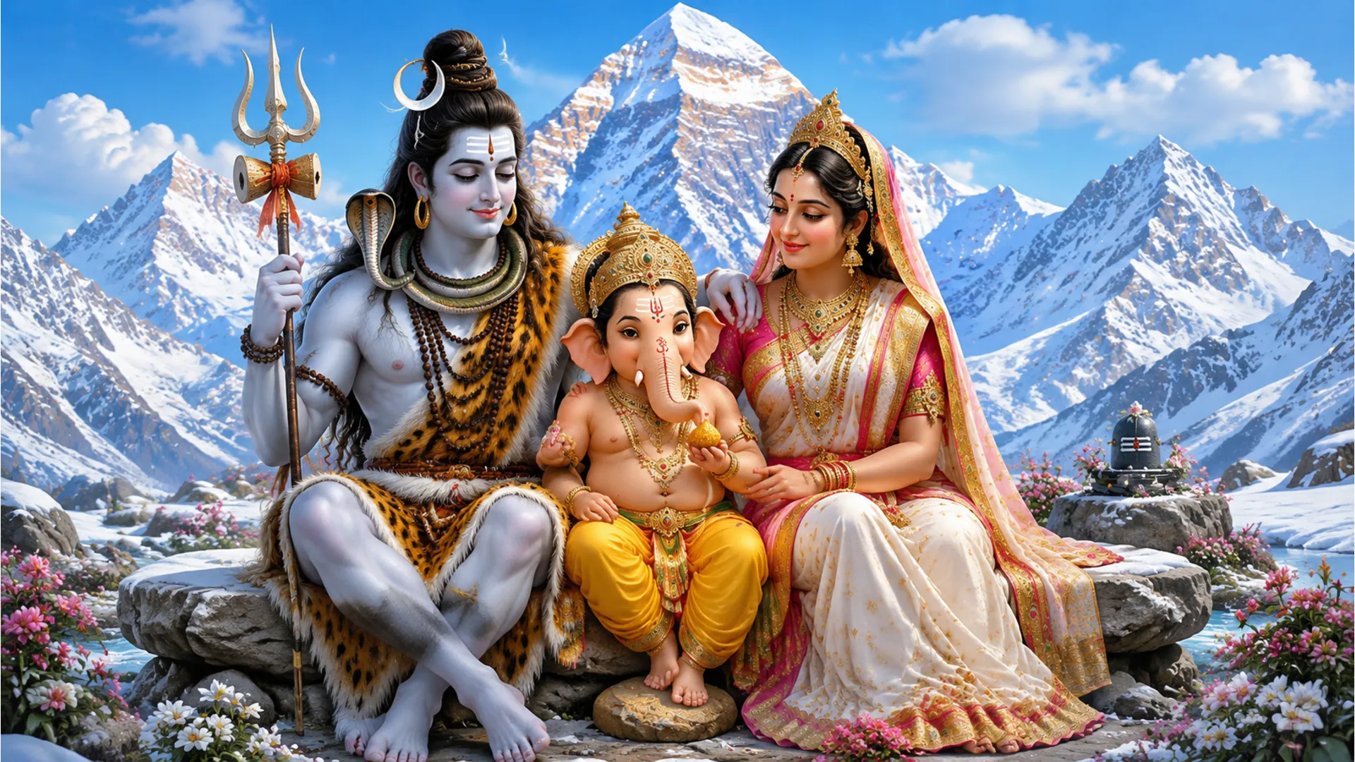 A depiction of Lord Shiva, Goddess Parvati, and Lord Ganesha sitting together on Mount Kailash.