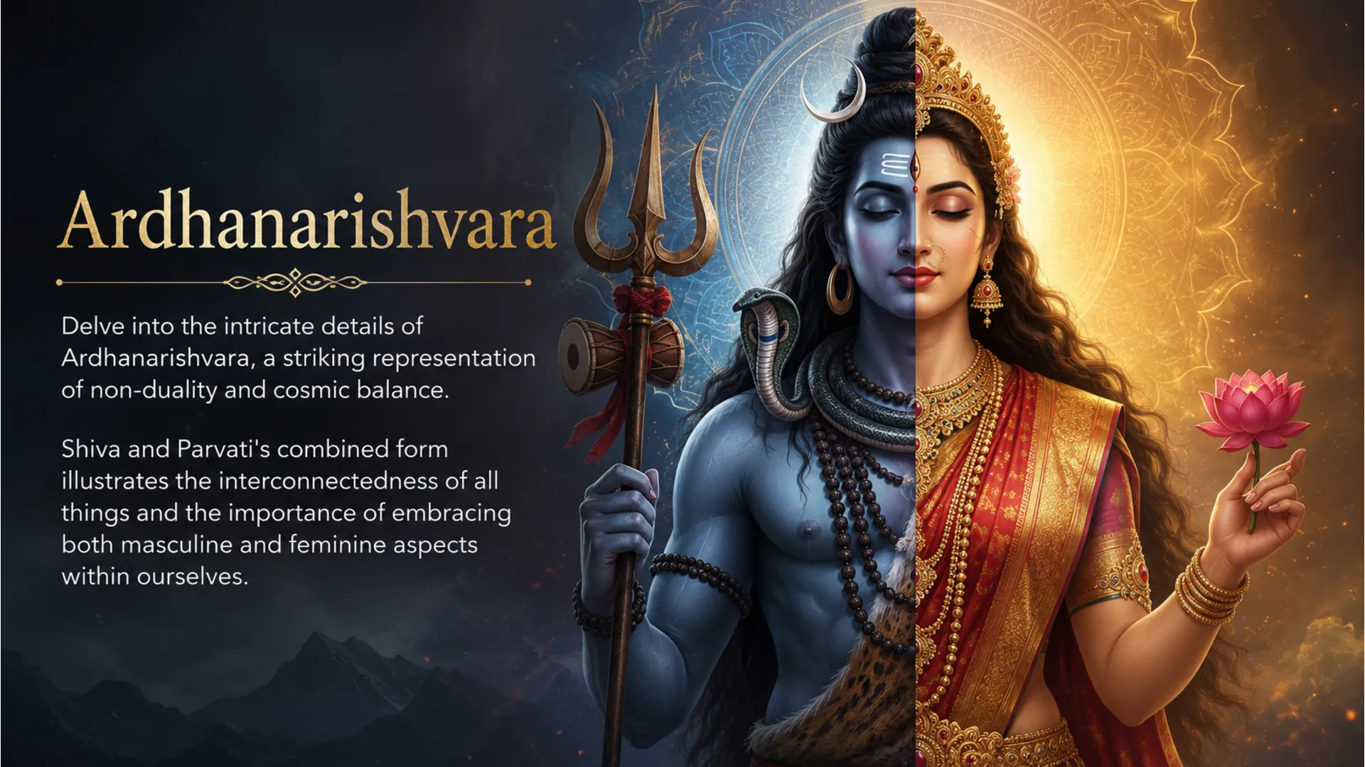 Shiva Parvati image depicting Ardhanarishvara, the half-male, half-female form, representing the inseparable nature of masculine and feminine principles.